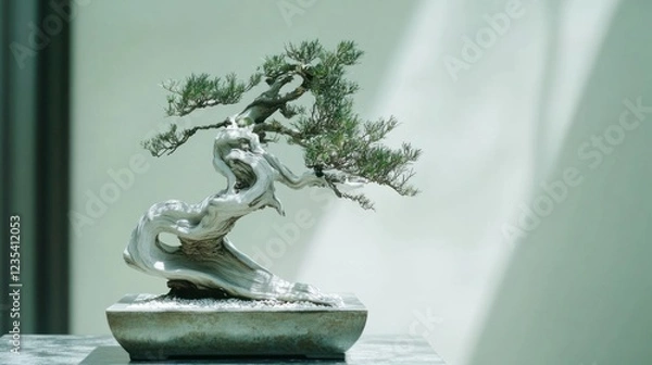Fototapeta A Bonsai Tree with Twisted Trunk and Green Foliage in a Shallow Pot