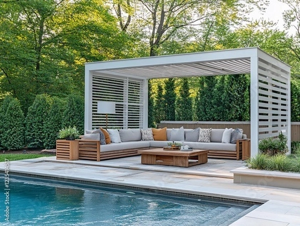 Obraz Luxurious outdoor lounge with modern pergola, cozy sectional sofa, wooden accents, and a serene pool in a lush green backyard
