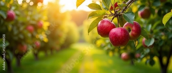 Obraz A vibrant red apple on a tree branch, surrounded by lush green leaves