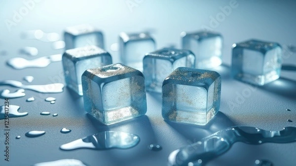 Fototapeta Melting ice cubes with water droplets on a reflective wet surface in cool lighting	