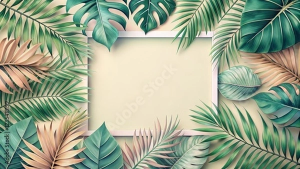 Fototapeta Lush Tropical Foliage Arranged Around a Blank Frame for Text or Image Placement