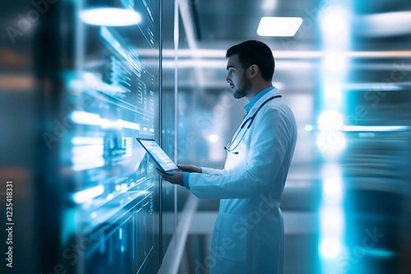 Obraz A focused healthcare professional interacts with digital technology, showcasing modern medical practices and data management in a high-tech environment.