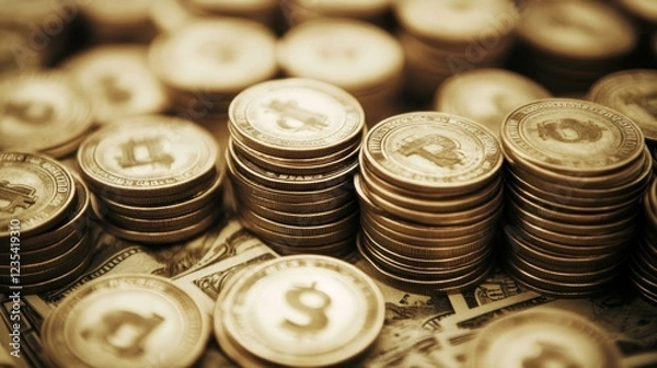 Fototapeta Stacks of Litecoin and Dollar Bills: Cryptocurrency and Fiat Currency
