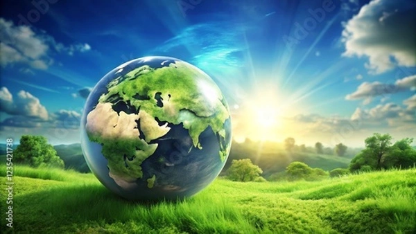 Obraz Serene Global Landscape A Lush Green Meadow with a Vibrant Earth Sphere at Sunrise