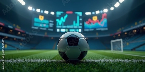 Fototapeta A soccer ball on a field, with a stadium in the background