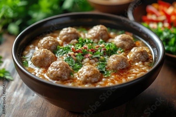 Fototapeta Meatball soup, herbs, garnish, wooden table, healthy meal