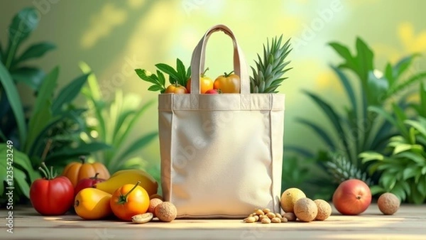 Fototapeta A reusable canvas bag filled with fresh fruits and vegetables