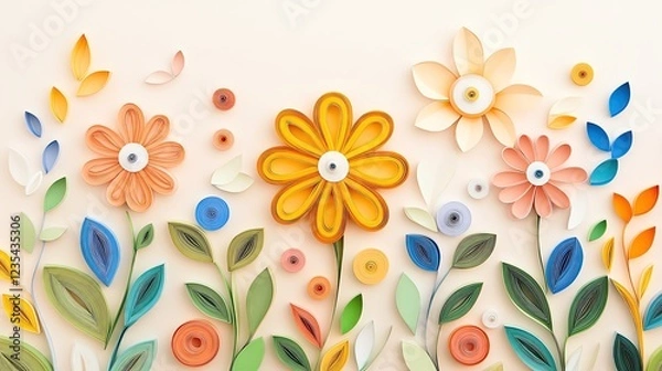 Fototapeta crafted colorful paper quilling techniques textured layers Colorful paper flowers on a light background.