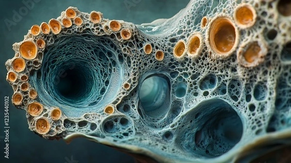 Fototapeta Intricate teal and orange organic forms beautifully arranged create a surreal deep space landscape. AI Generated