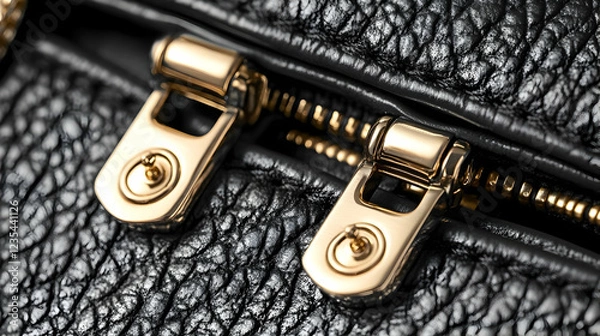 Fototapeta Close-up Detailed Macro Photo of Black Leather Bag Gold Zipper Pulls