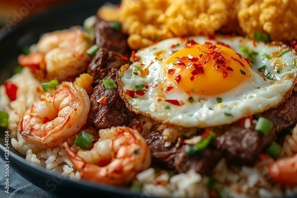 Fototapeta Delicious fried rice with shrimp, beef, and egg