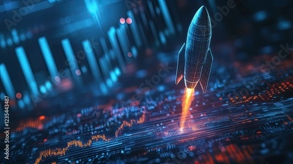 Obraz A rocket ascending amid glowing financial lines, symbolizing innovation, growth, and wealth creation in a modern economic context.