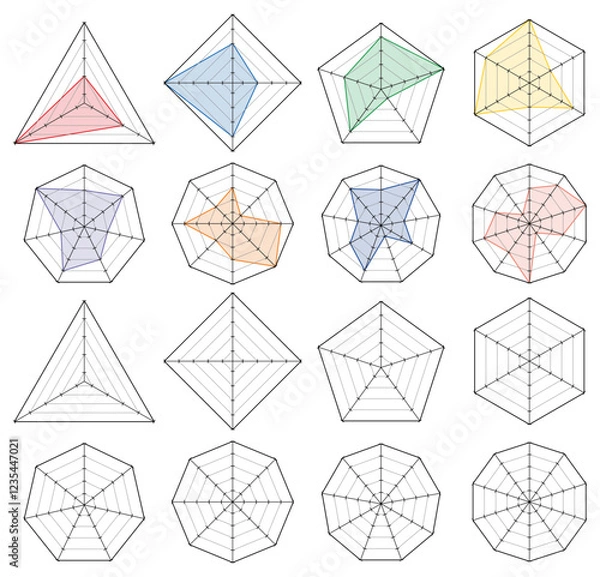 Fototapeta 様々な形のレーダーチャート、レーダーグラフ、レーダースパイダーダイヤグラムのベクターイラストのセット