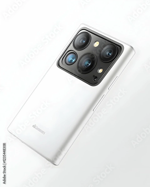 Fototapeta Sleek Silver Smartphone 3D Render Product Illustration Featuring Quad Camera System