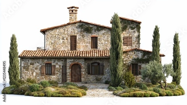 Fototapeta A charming stone house with terracotta roof and surrounded by lush greenery