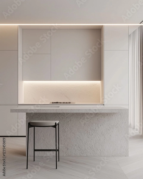 Fototapeta A minimalist white kitchen with a light grey stone island, vertical strip lighting on the cabinet front wall behind the counter, white walls, and white cabinets