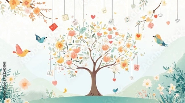 Fototapeta A whimsical illustration of a flowering tree adorned with colorful birds and hanging decorations, set against a serene landscape.