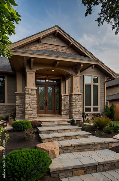 Obraz Craftsman Style Home Exterior: Stone and Wood Design.  Luxury Residential Architecture with Landscaping and Modern Facade