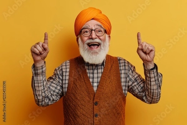 Fototapeta Happy Indian senior man in turban pointing upwards against yellow background. Cheerful Indian elderly man with a white beard, wearing a turban and glasses, smiling and pointing up against