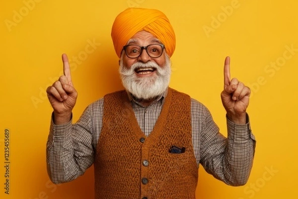 Fototapeta Happy Indian senior man in turban pointing upwards against yellow background. Cheerful Indian elderly man with a white beard, wearing a turban and glasses, smiling and pointing up against