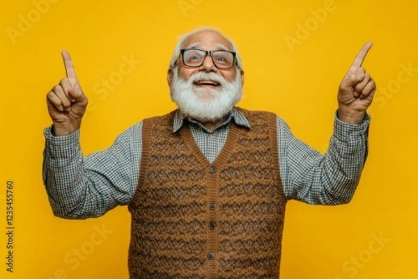 Fototapeta Happy Indian senior man with white beard pointing up against yellow background.  Cheerful Indian elderly man with glasses and a white beard, wearing a sweater vest, smiling and pointing up
