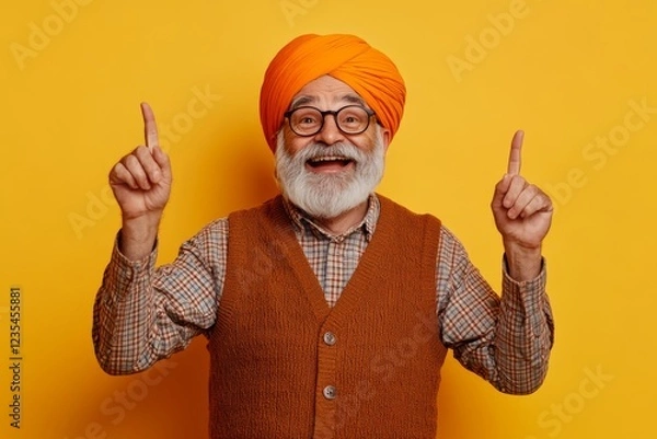 Fototapeta Happy Indian senior man in turban pointing upwards against yellow background. Cheerful Indian elderly man with a white beard, wearing a turban and glasses, smiling and pointing up against