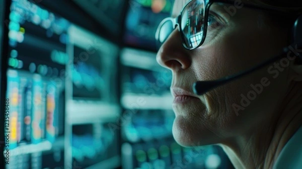Fototapeta Focused Female Analyst Monitoring Financial Data on Multiple Screens