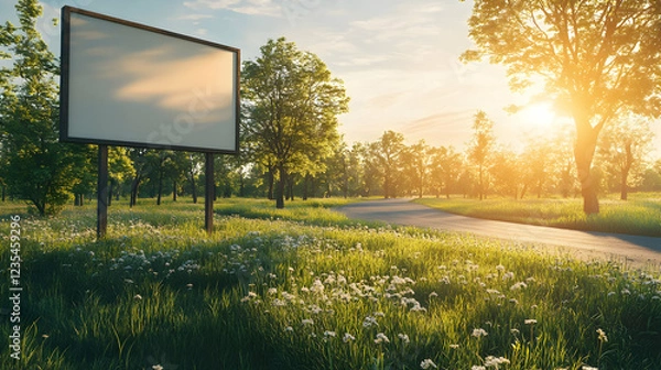 Fototapeta Blank Billboard Mockup in Summer Meadow Landscape Illustration