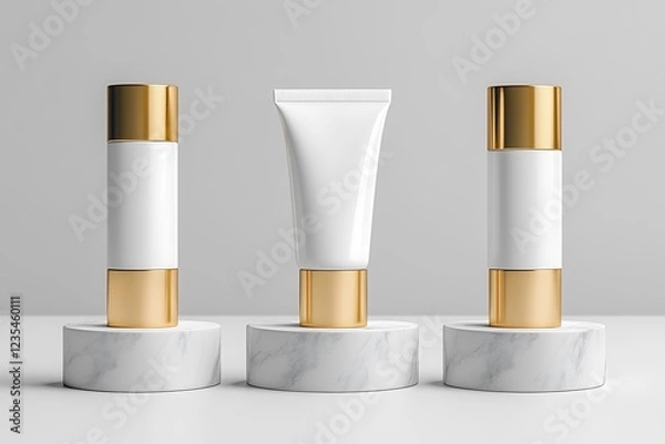 Fototapeta White cosmetic tubes and a jar mockup on a beige table background with copy space