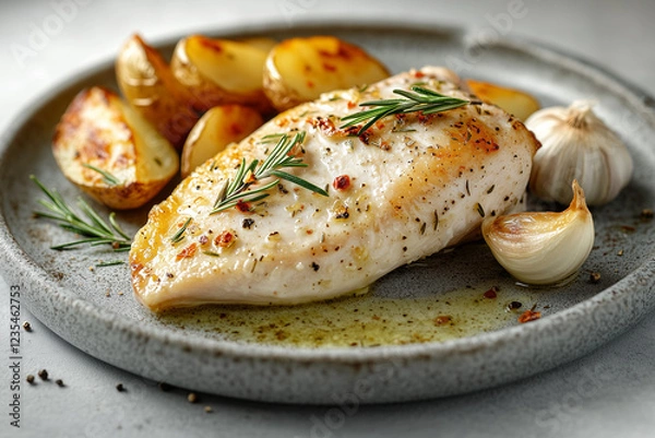 Obraz Plated cooked Chicken fillets rosemary butter, garlic, and roasted potatoes