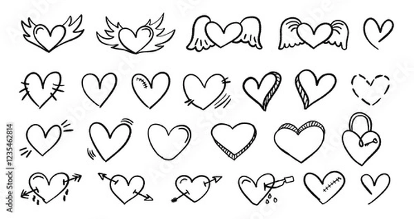 Fototapeta Hand drawn doodle line elements different cute hearts. Vector grunge decoration scribble doodle elements for use in graphic design.