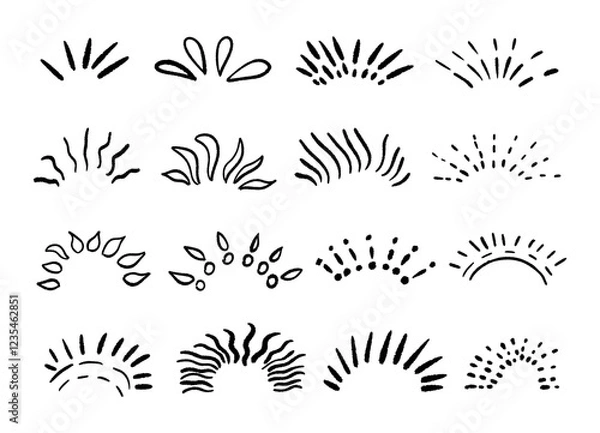 Fototapeta Set of line scribble doodle elements sparkle, sunburst, rays, starburst in minimal style. Hand drawn vector decoration graphic elements.