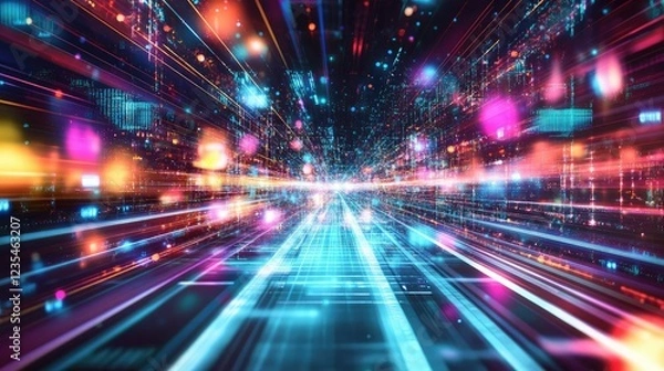 Fototapeta A dazzling digital cityscape with glowing neon lights and holograms, perfect for a futuristic and immersive wallpaper design.