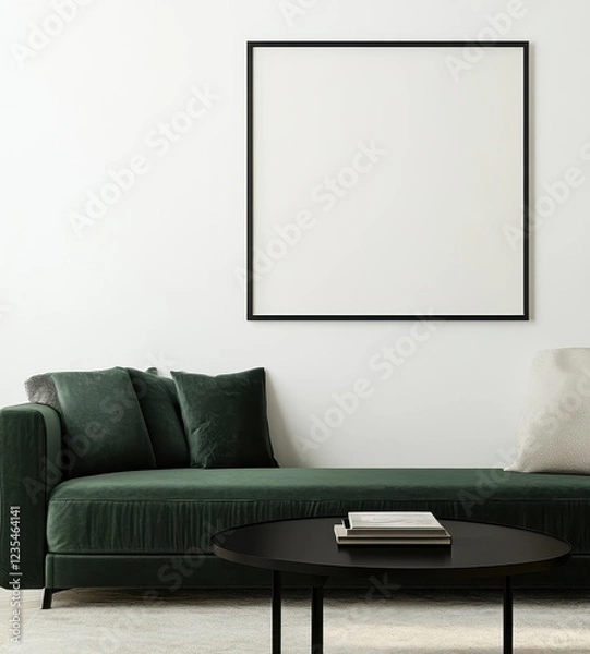 Fototapeta A modern living room featuring a green sofa, decorative cushions, a coffee table, and an empty wall framed for artwork.