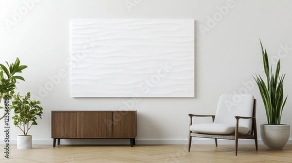 Fototapeta A minimalist interior featuring a light-colored wall, a large abstract artwork, a stylish chair, and greenery creating a serene living space.