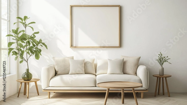 Fototapeta Empty frame on wall over sofa in living room as mockup template