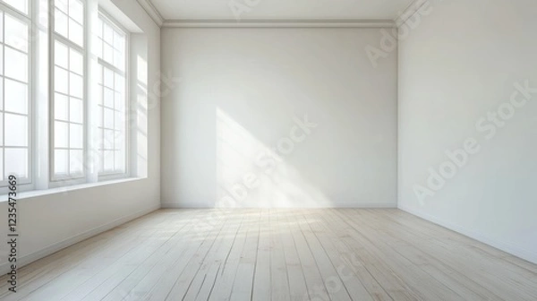 Fototapeta Bright and Airy Empty Room with Large Windows and Light Wood Floor