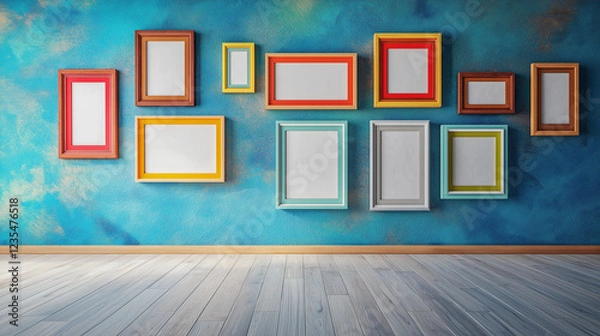 Obraz Colorful picture frames arranged on a teal wall in modern interior