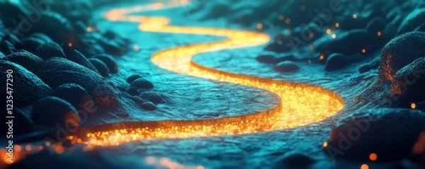 Fototapeta A glowing, winding river of molten lava flows through a rocky landscape, illuminated in vibrant colors against a dark backdrop.