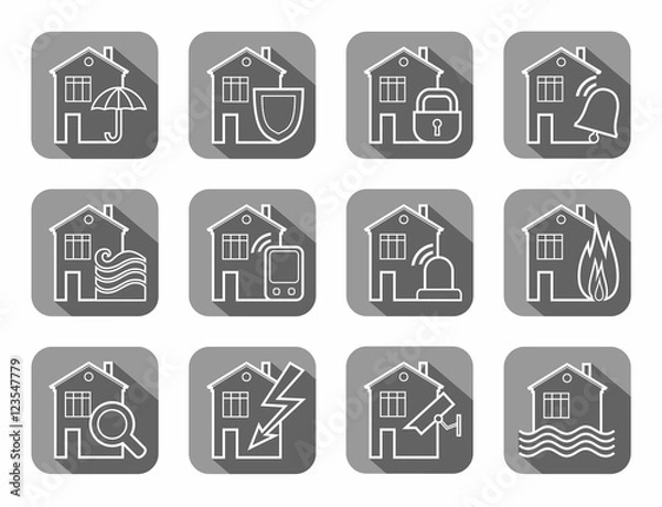 Fototapeta Security of housing and office buildings, icons, contour, gray. Safety of living and working space. White vector, line icons on gray background with shadow. 