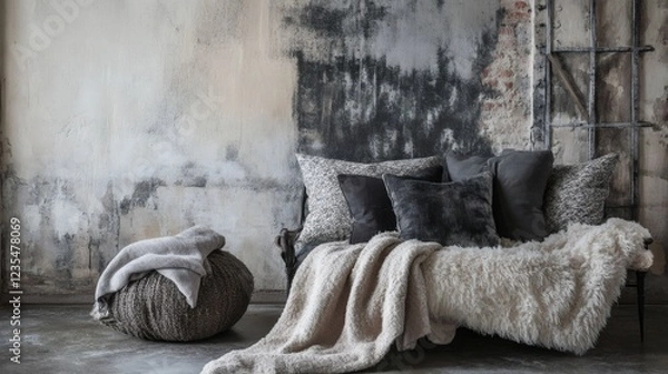 Obraz Cozy Rustic Living Room Interior with Textured Throw Blankets and Pillows