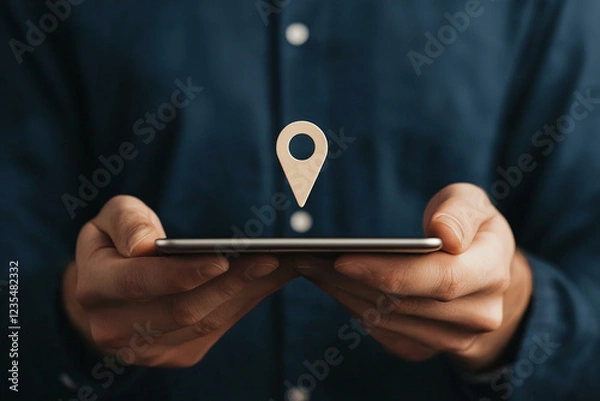Fototapeta person holding smartphone with location pin icon hovering above, symbolizing navigation and technology. image conveys sense of connectivity and modern communication