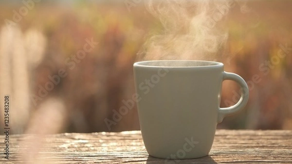 Obraz Close-up of steam rising from a coffee cup on an old wood table in the early light against an outside backdrop. The concept Black coffee, Americano, espresso, and coffee cup