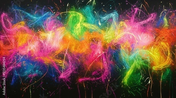 Fototapeta Streaking neon trails in vibrant hues across a black canvas, a dynamic visual metaphor for growth, progress, and innovation.