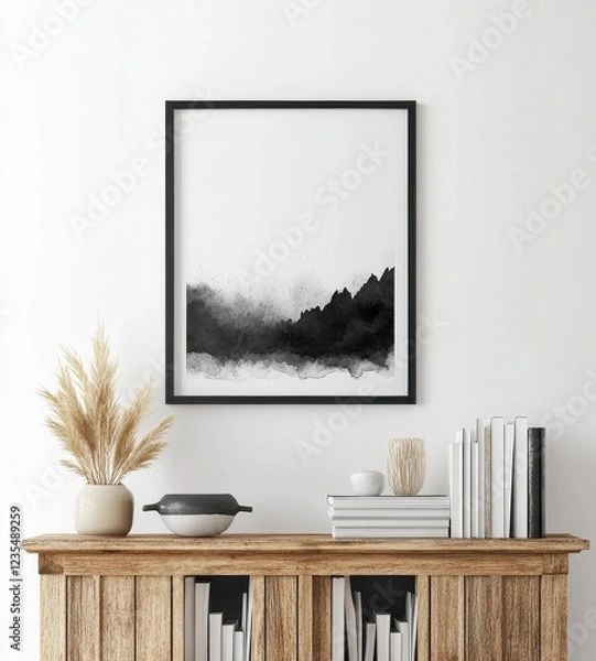 Fototapeta A minimalist black and white mountain landscape artwork in a sleek frame, displayed above a wooden shelf with decorative items.
