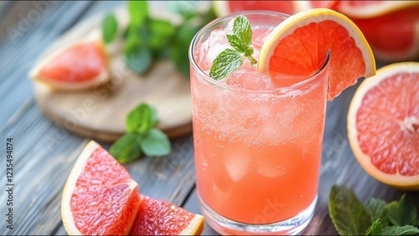 Fototapeta A glass of pink grapefruit juice with a slice of lime on top