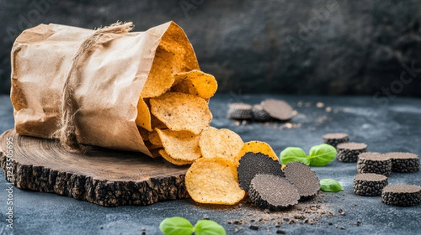 Fototapeta Potato Chip Snacks, A high-fidelity image of black truffle potato chips in a pour, ideal for food-related content and marketing.