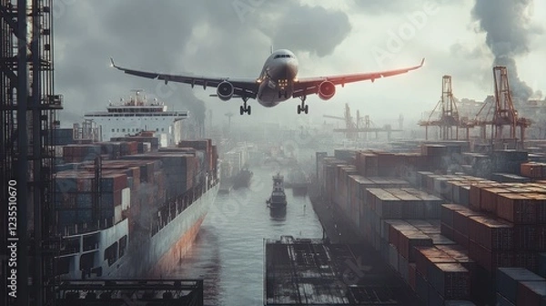 Fototapeta A commercial plane flies through a shipping port full of container ships. 