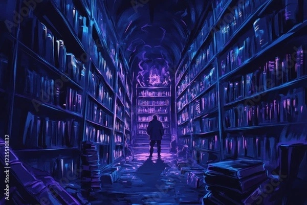 Fototapeta A lone figure stands in a mystical library hallway