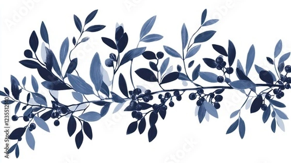 Fototapeta Blue foliage branch border, white background, nature design, website decoration